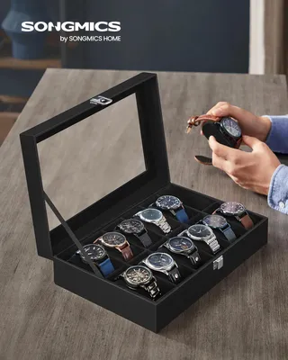 Produktbild von Uhrenbox/Uhrenkoffer - Aufbewahrung - 12 Fächer - Glasdeckel - Herausnehmbare Kissen - Kunstleder - Schwarzes Samt-Innenfutter - Grau