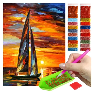 Zdjęcie produktu dla Haft diamentowy ARTULIO - Żaglówka na morzu o zachodzie słońca - 40 x 30 cm - Diamond painting, Kompletny zestaw: mozaika + akcesoria