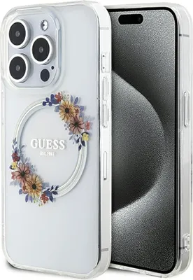 Produktbild von Guess GUHMP15XHFWFCT iPhone 15 Pro Max 6,7" transparentes Hardcase IML Flowers Wreatch MagSafe Schutzhülle