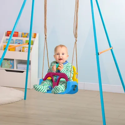 Produktbild von Kinderschaukel 3-in-1 höhenverstellbar, Babyschaukel mit Sicherheitsgurt, Schaukelsitz Kunststoff, Blau | 120–180 cm Seil | bis 70 kg | In- & Outdoor