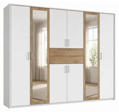 Produktbild von Drehtürenschrank Kleiderschrank 273 cm Passepartout Schubkästen Spiegel Weiß und Eiche Nachbildung / 22602