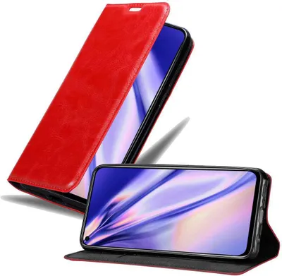 A red flip case for a smartphone is shown, with the phone inside and the cover open.