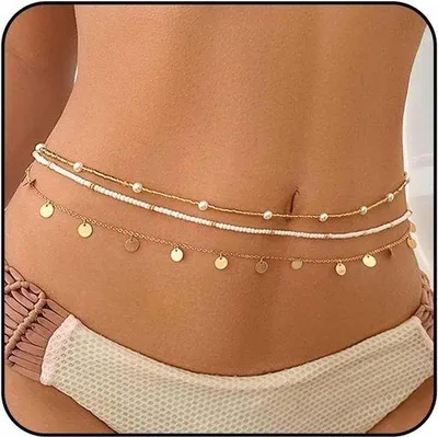 Immagine prodotto di Collane a pancia con paillettes dorate - Collane a perle in 3 pezzi - Collane estive da spiaggia - Accessori di gioielleria da donna