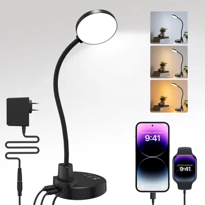 Productafbeelding van 15W led-bureaulamp met USB-oplaadpoorten – dimbare tafellamp met 3 kleurtemperaturen en 5 helderheidsniveaus