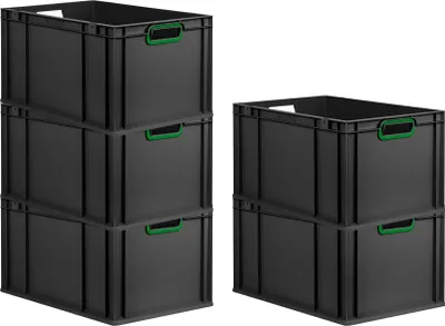 Produktbild von SparSet 5x Eurobox NextGen Color | HxBxT 32x40x60cm | 65 Liter | Griffe grün offen | Verstärkter Boden | Schwarz | Eurobehälter, Transportbox, Transportbehälter, Stapelbehälter