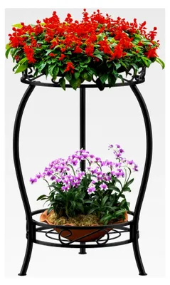Produktbild von Metall Pflanzenständer, 48 cm Blumenständer, 2-stufiger Blumentopfhalter für Innen- und Außenbereich, Schwarz