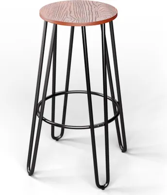 A single bar stool with a wooden seat and black metal legs is shown against a white background.