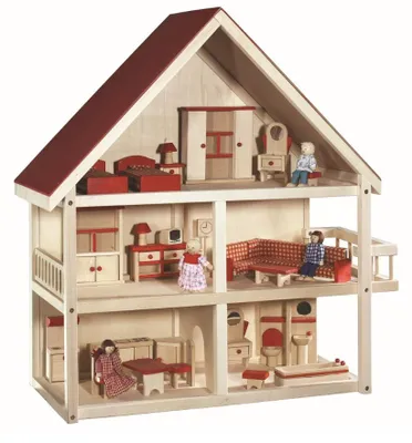 Produktbild von roba Puppenhaus, Puppenvilla inkl. Möbel und Puppen, Mädchen Spielzeug, Holz natur