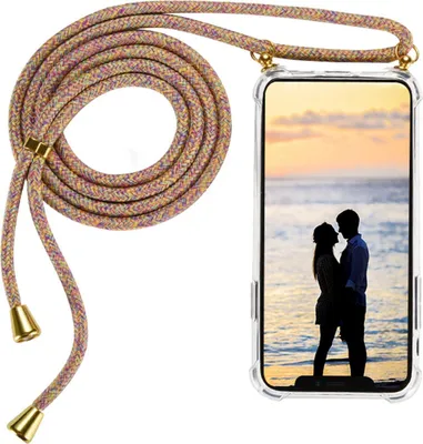 A phone case with a colorful lanyard is shown with a picture of a couple on the phone screen.