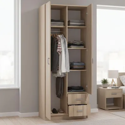 Produktbild von Dmora Kleiderschrank 2 Türen Cimena 80x205h cm Braun Eiche, Garderobe mit 2 Schubladen