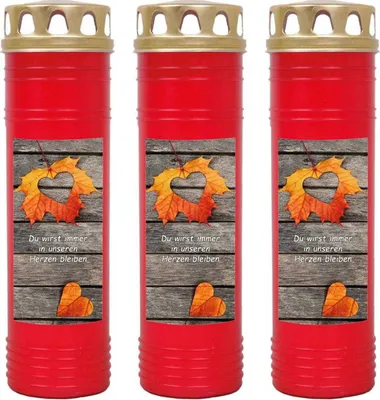 Produktbild von Grabkerze Rot 3er Pack, Brenndauer: 170 Stunden ( je Kerze ), Motiv: Laub Herz