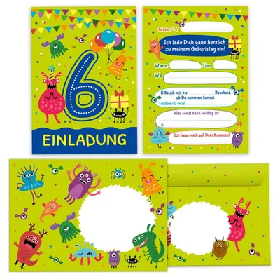 12 Einladungskarten + Umschläge, Monster, 6. Geburtstag