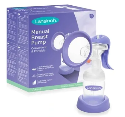 A Lansinoh manual breast pump and its packaging are shown against a white background.