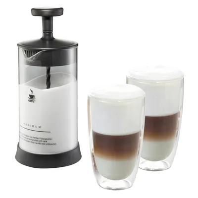 Produktbild von GEFU Set: Milchaufschäumer ANTONIO und 2 Latte Macchiato Gläser (je 350ml)