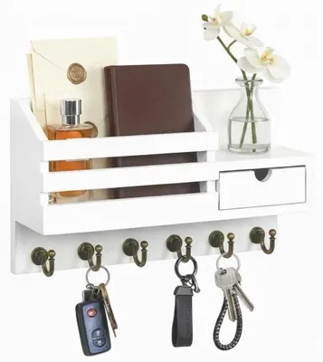Wandsleutelrek mit Ablage, Schublade & 6 Haken, Holz, weiß