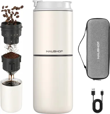 Produktbild von Tragbare Elektrische Kaffeemühle mit Kegelmahlwerk, Akku, Edelstahlfilter, Thermobecher, 5 Mahlgrade, Reisekaffeemaschine