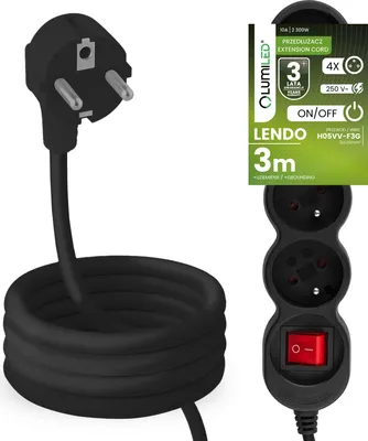 Produktbild von LUMILED Steckdosenleiste mit ON/OFF Schalter 4-Fach Steckdose Typ E, 3m Kabel H05VV-F3G schwarz Mehrfachsteckdose E Stecker 10A 2300W 250V IP20 Halterung zum Aufhängen