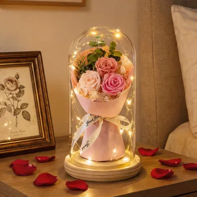 Konservierte Rosen in Glaskuppel mit LED-Licht, 3 Farben
