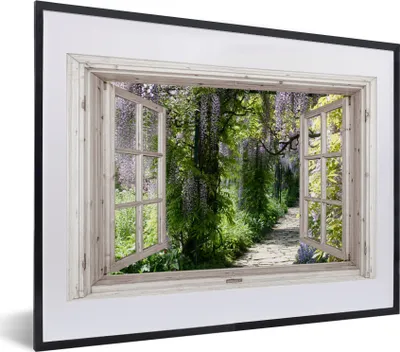 Produktbild von MuchoWow® Gerahmtes Poster Blauer Regen - Blumen - Aussicht - Baum - Frühling 40x30 cm - Poster mit Schwarzem Bilderrahmen Wandposter Rahmen Foto Bilder - Bilderrahmen - Poster im Rahmen