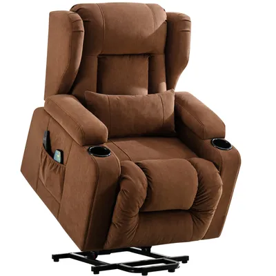 A brown recliner chair shown from the front-right.