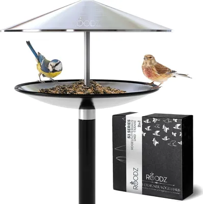 Produktbild von ROODZ Vogelhaus und Vogeltränke 2in1 aus Edelstsahl mit Ständer - Perfekt für Garten und Balkon