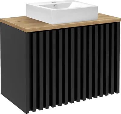 Zdjęcie produktu dla Szafka do Łazienki Czarna Lamele z Umywalką i Blatem Dąb 80x56x45cm Wisząca