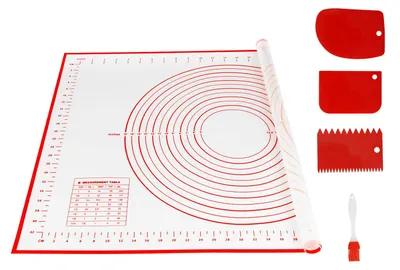 Produktbild von Silikon-Backmatte mit 3 Teigschabern, 70 x 50 cm Backzubehör, Antihaft-Backmatte mit Messskala, rutschfeste Silikonmatte, wiederverwendbares Backblech für Fondant, Teig, Pizza (rot)