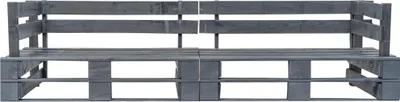 A grey wooden pallet sofa is shown against a white background.