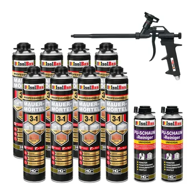 Produktbild von Isolbau Mauermörtel Pistolenschaum SET - Teflon Schaumpistole, 2 x PolyurethanReiniger Montageschaum Klebeschaum PolyurethanMörtel 8 x 750ml