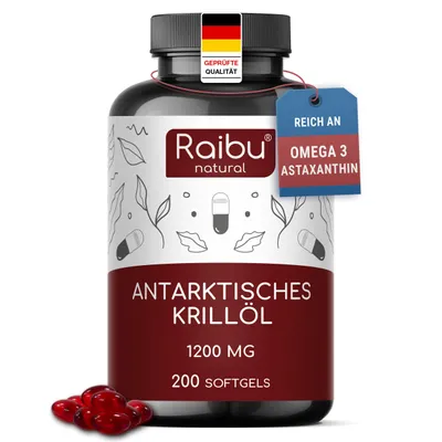 Produktbild von Krillöl Kapseln hochdosiert, 200 Softgels, Kein Fischgeschmack RAIBU