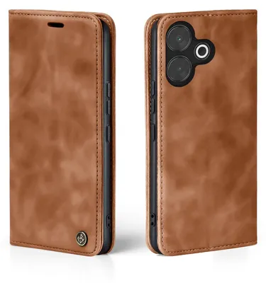 A brown flip case for a smartphone is shown from two angles.