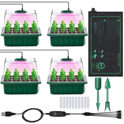 Produktbild von Growbox Pflanzenlampe Vollspektrum mit Heizmatte,Anzuchtkasten Zimmergewächshaus Dimmbar Timer,Anzuchtset 4 Anzuchttöpfe Indoor Keimung