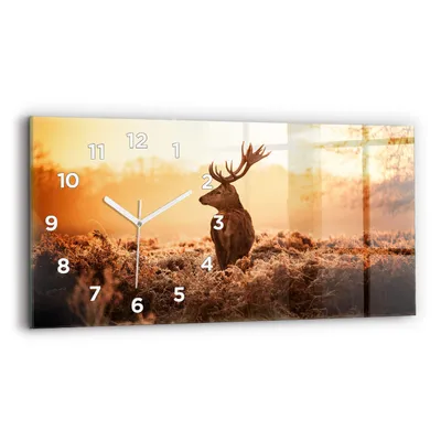 Produktbild von Wallfluent Wanduhr – Stilles Quarzuhrwerk - Uhr Dekoration Wohnzimmer Schlafzimmer Küche - Zifferblatt - weiße Zeiger - 60x30 cm - Hirsch bei Sonnenaufgang