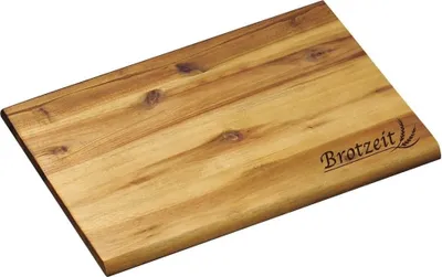 A wooden cutting board with a logo and text on it, placed on a white background.