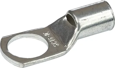A close-up studio shot of a single metal ring terminal on a white background.