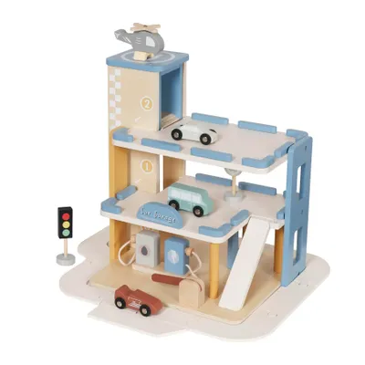 Produktbild von Holz Spielzeuggarage 3 Etagen mit Autos & Helikopter, Zubehör