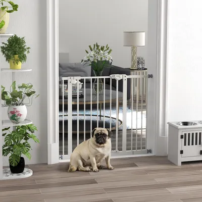 Produktbild von Sweiko Türschutzgitter für Hunde, Absperrgitter, Schutzgitter für Haustiere, Metall, Kunststoff, ,74-80/87-94 cm, Weiß