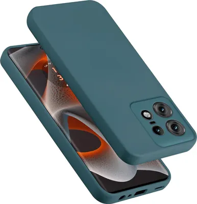 A teal silicone phone case is shown on top of a smartphone.
