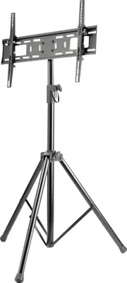 A black TV stand with a tripod base is shown against a white background.