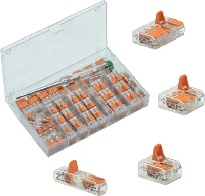 A clear, professional shot of a set of Wago lever connectors in a transparent plastic case, with several individual connectors displayed to the right of the case.