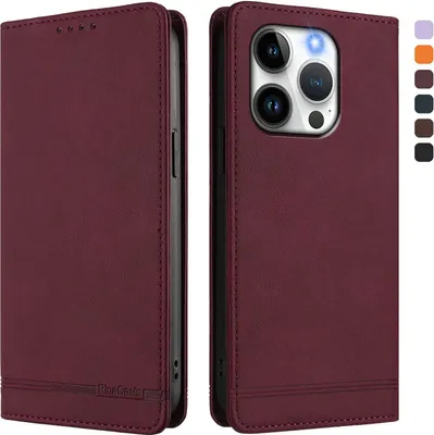 Produktbild von Hülle für iPhone 14 Pro, Retro Kunstleder Ständer Klapphülle mit Kartenfächer und Magnetische Rot