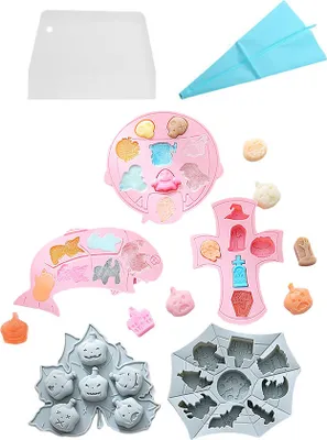 Produktbild von 5pcs Halloween Silikonformen, Silikon Kürbis Schädel Spinne Batskelett Hand Fledermaus Geist Für Schokolade Süßigkeiten Fondant Polymer