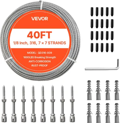 Image de Câble en acier inoxydable VEVOR, φ3,2 mm, longueur 12,2 m, résistance à la rupture 7,1 kN, toron 7x7 en acier, adapté aux poignées de terrasses et de clôtures de jardin.
