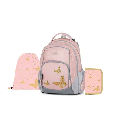 Zdjęcie produktu dla Ergonomiczny plecak Butterfly, torba szkolna z piórnikiem i torbą gimnastyczną, OXY GO Butterfly, kolor brzoskwiniowy