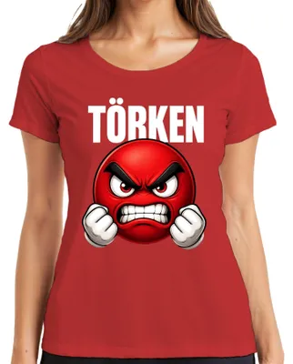 Produktbild von TÖRKEN wütender Emoji rot geballte Fäuste Comic Damen T-Shirt roter Smiley Comic grunge, Rot, 3XL