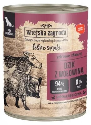 Imagen del producto de "Wiejska Zagroda", alimento húmedo para perros, sabor "Sabores del bosque", variedad "Jabalí y ternera", 800g