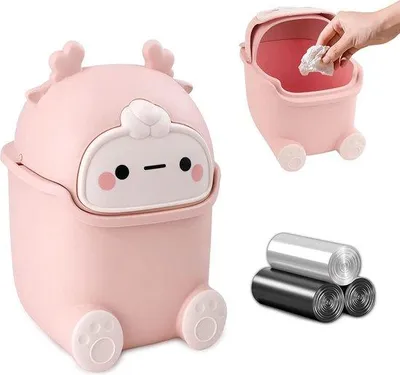 Productafbeelding van Unyqoos® Mini-bureauprullenbak met deksel – schattig elandendesign, compact (23,5 x 14 x 15,5 cm), roze, inclusief 3 afvalzakken