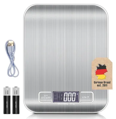 Digitale Küchenwaage 5 kg, 1 g genau, Edelstahl, Tara, LCD