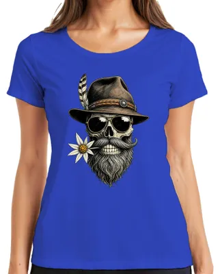 Produktbild von Totenkopf Bart Edelweiss Trachtenhut Trachtenshirt Lederhose Alpen Damen T-Shirt, Blau, L