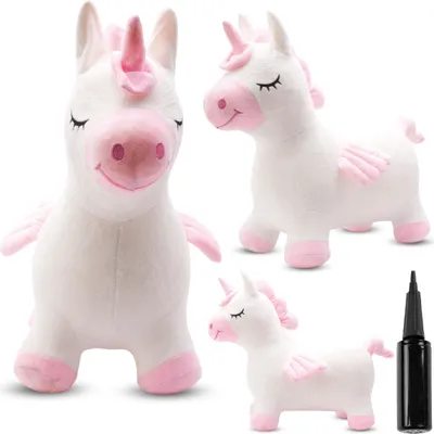 Collage of a white and pink inflatable unicorn toy from different angles, with a black pump.